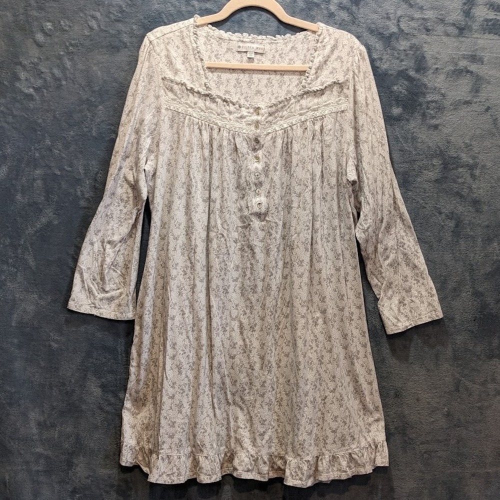 Eileen West 100% Cotton Long Sleeve Short Night Gown Gray Floral Womens 1X Plus
